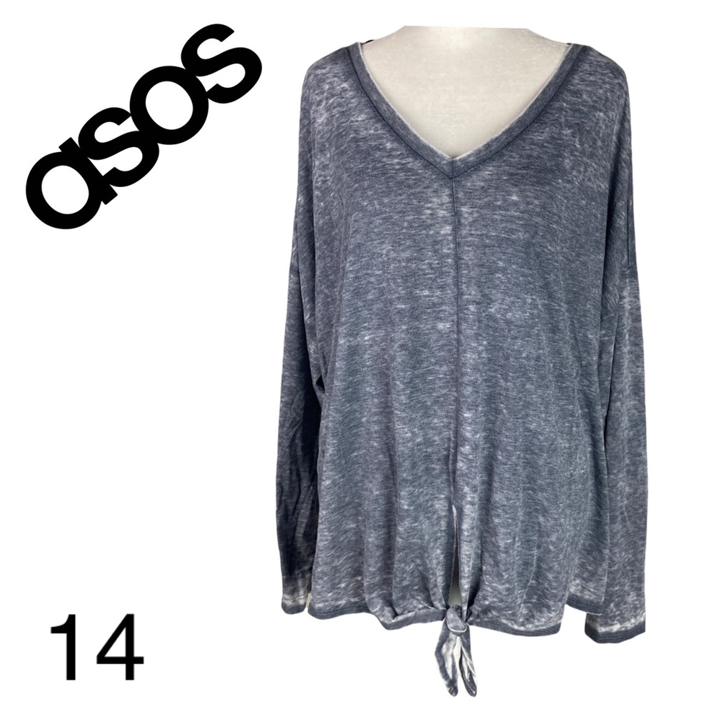 ASOS Women's Gray V Neck long sleeved T Shirt accent tie on front size 14